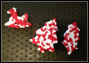 melted red and white bead ornaments