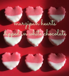 marzipan hearts dipped in white chocolate