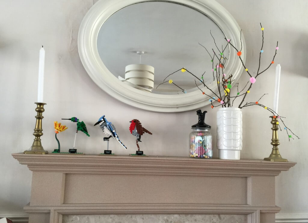 Spring decorated mantle with pom pom tree