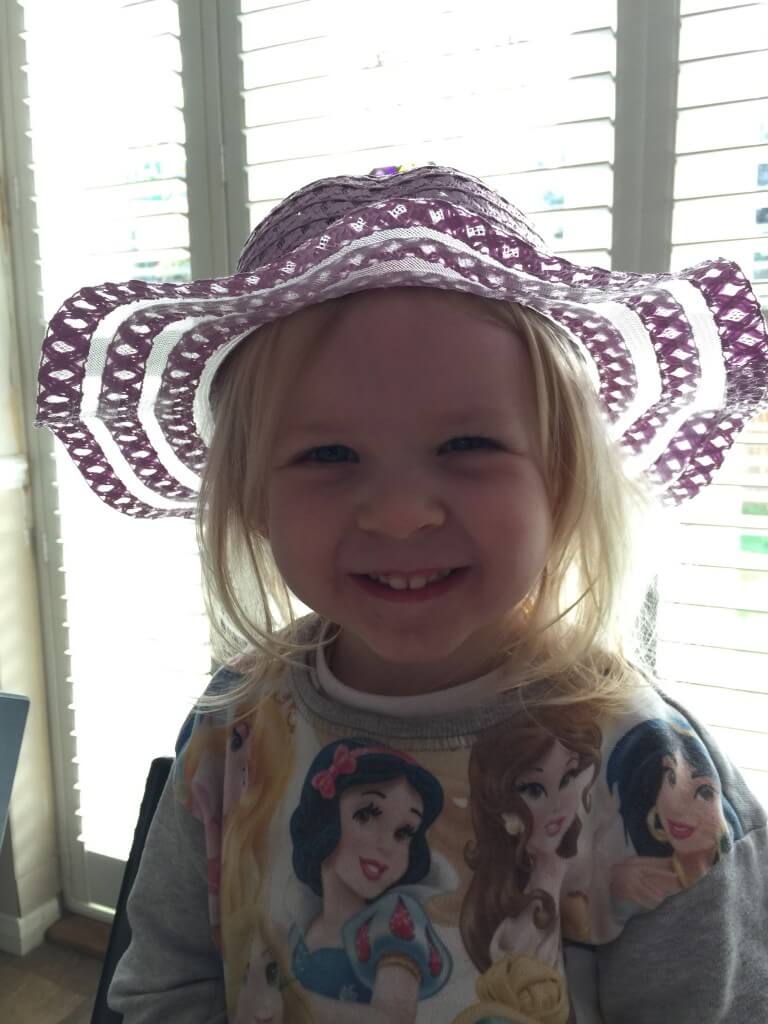 little girl wearing Hobbycraft Easter bonnet