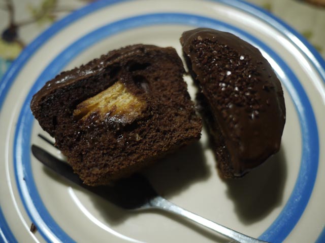Tunnocks Caramel Wafer chocolate cupcake cut in half