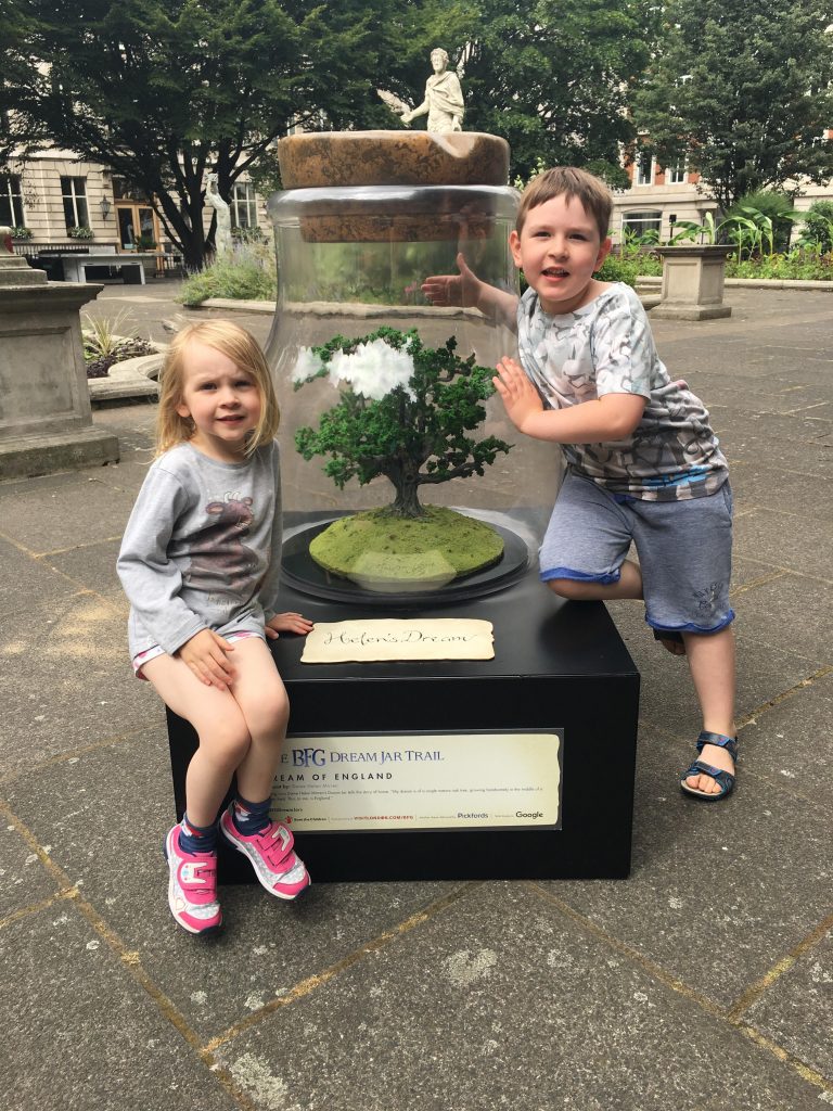 two children with one of The BFG Dream Jar Trail